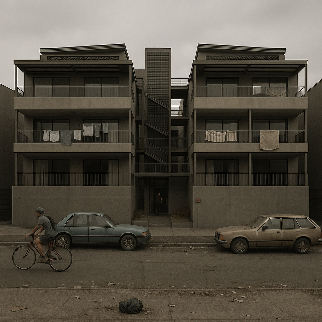 Proposed development rendering showing massive concrete apartment complex